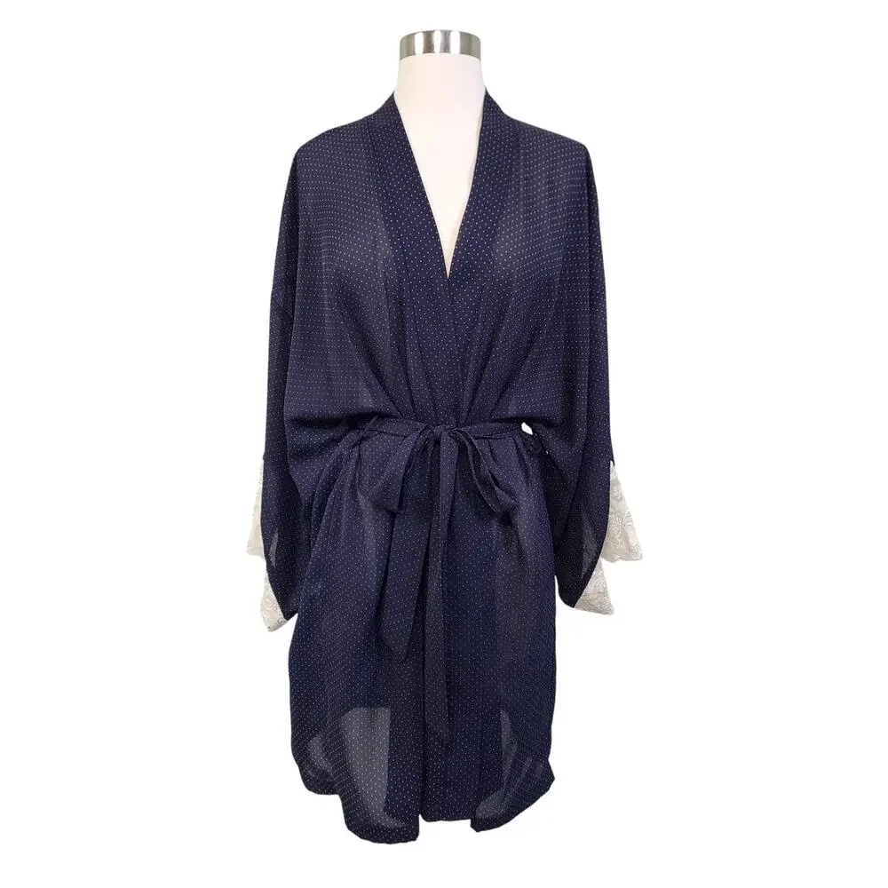 Amelias Womens Vintage Sheer Polka Dot Robe Size Large Navy Blue White Lace Cuff